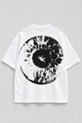 White oversized tshirt with massive black cosmic spiral vortex and falling figure on back, drop shoulder boxy fit, men India