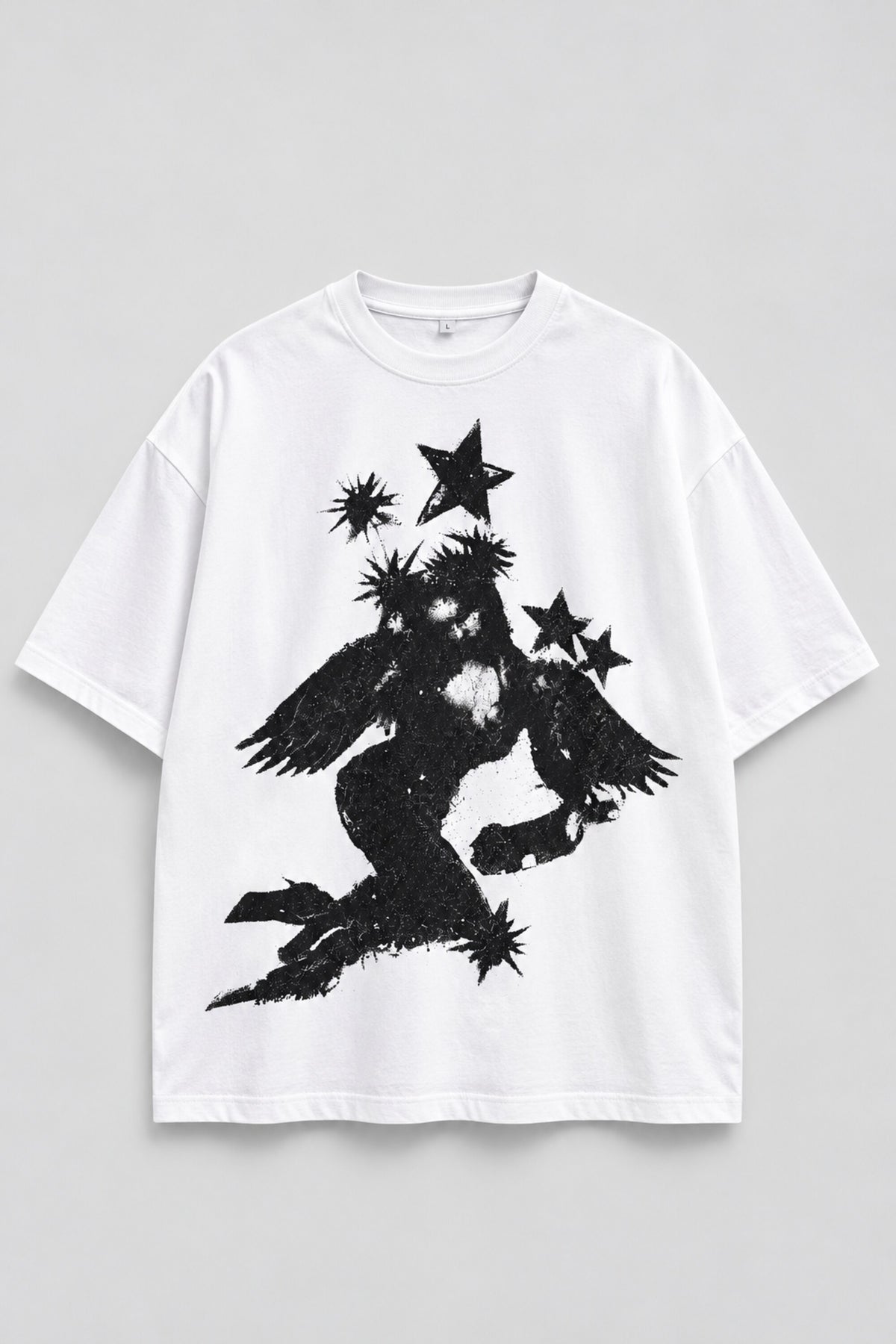 White oversized tshirt with massive black cosmic spiral vortex and falling figure on back, drop shoulder boxy fit, men India