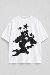 White oversized tshirt with massive black cosmic spiral vortex and falling figure on back, drop shoulder boxy fit, men India