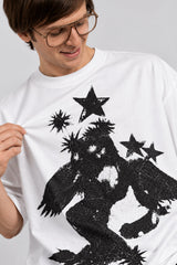 White oversized tshirt with massive black cosmic spiral vortex and falling figure on back, drop shoulder boxy fit, men India