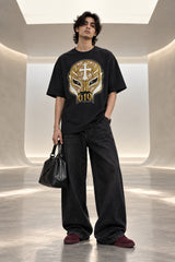 Black oversized tshirt with Rey Mysterio gold lucha libre mask cross and 619 on front, drop shoulder boxy fit, men India