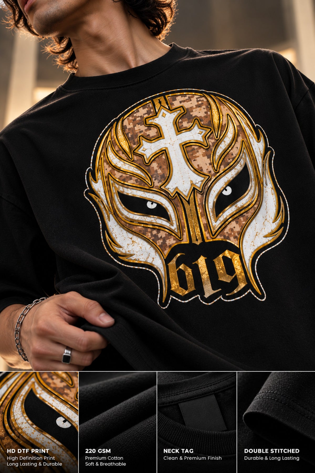 Black oversized tshirt with Rey Mysterio gold lucha libre mask cross and 619 on front, drop shoulder boxy fit, men India