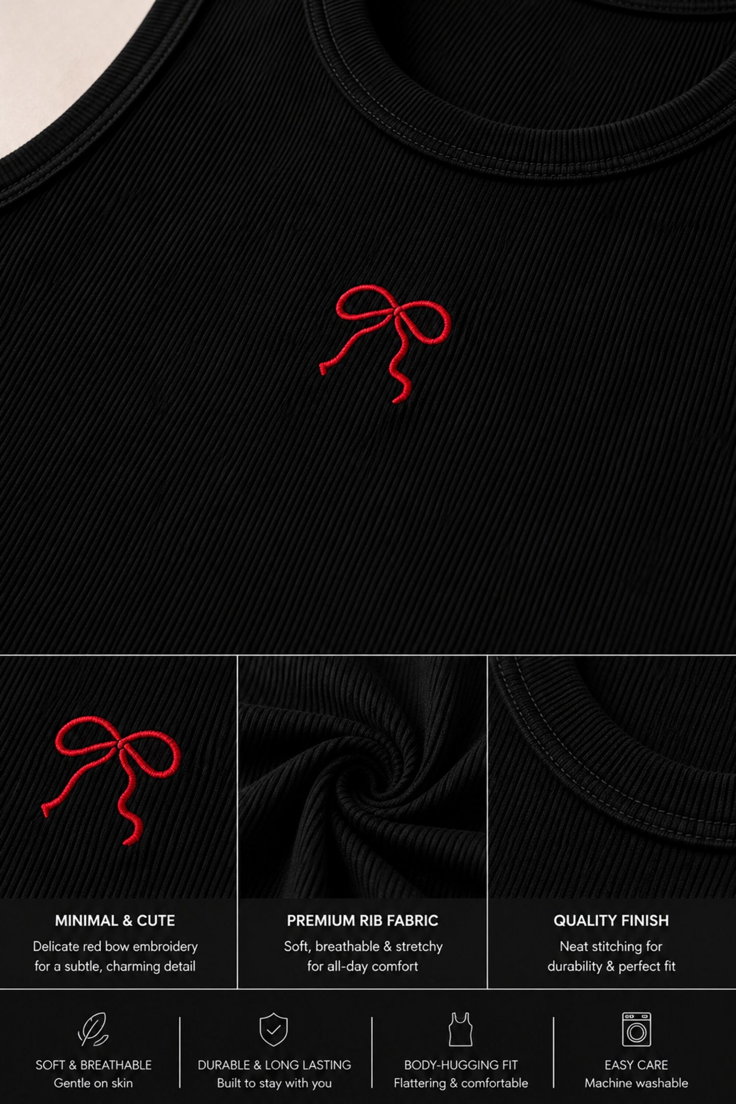 Black ribbed crop tank top with delicate red bow embroidery detail coquette soft girl aesthetic women fitted sleeveless top
