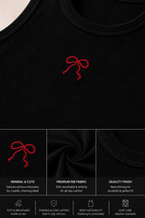 Black ribbed crop tank top with delicate red bow embroidery detail coquette soft girl aesthetic women fitted sleeveless top