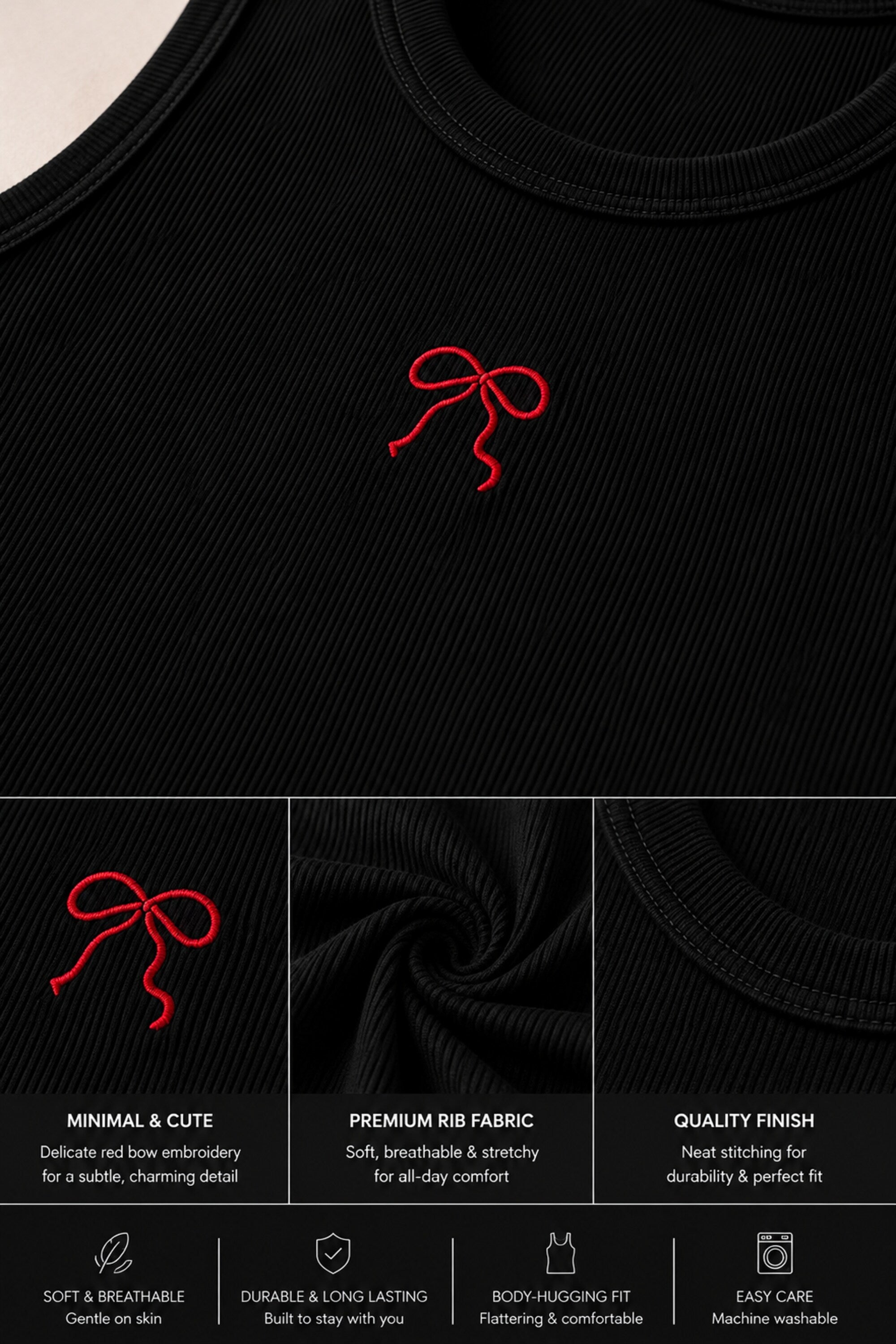 Black ribbed crop tank top with delicate red bow embroidery detail coquette soft girl aesthetic women fitted sleeveless top
