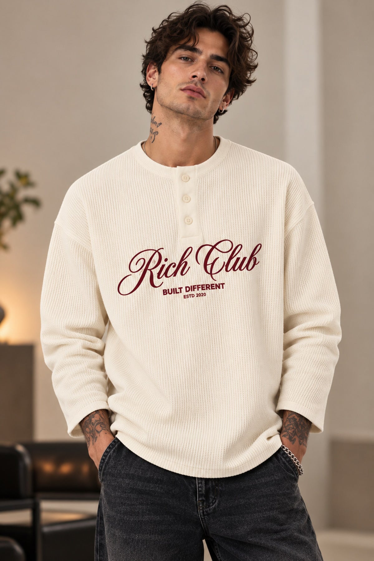 Cream waffle full sleeve boxy tshirt with Rich Club red cursive script print on chest, henley collar, men India - white