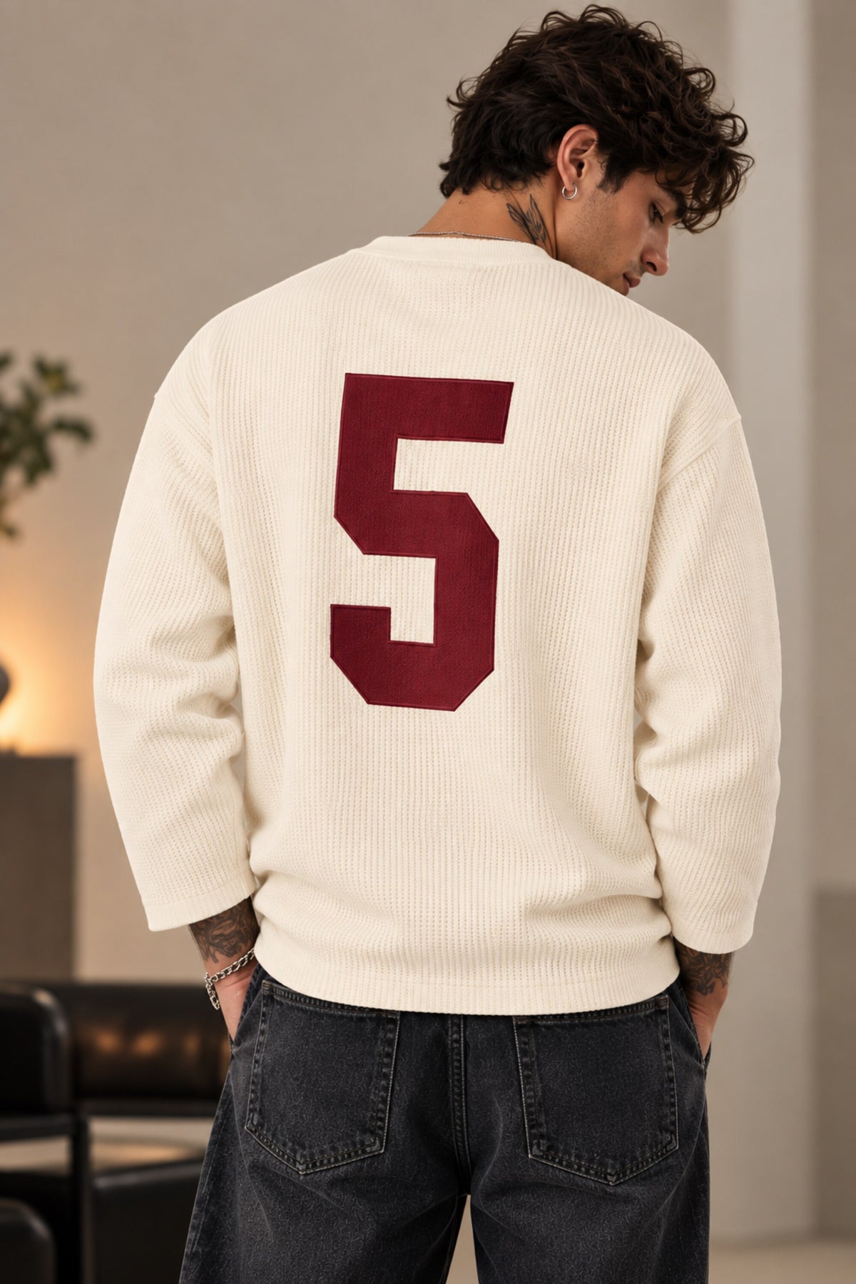 Cream waffle full sleeve boxy tshirt with Rich Club red cursive script print on chest, henley collar, men India