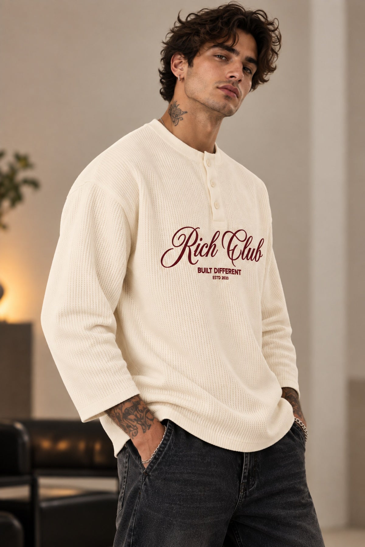 Cream waffle full sleeve boxy tshirt with Rich Club red cursive script print on chest, henley collar, men India