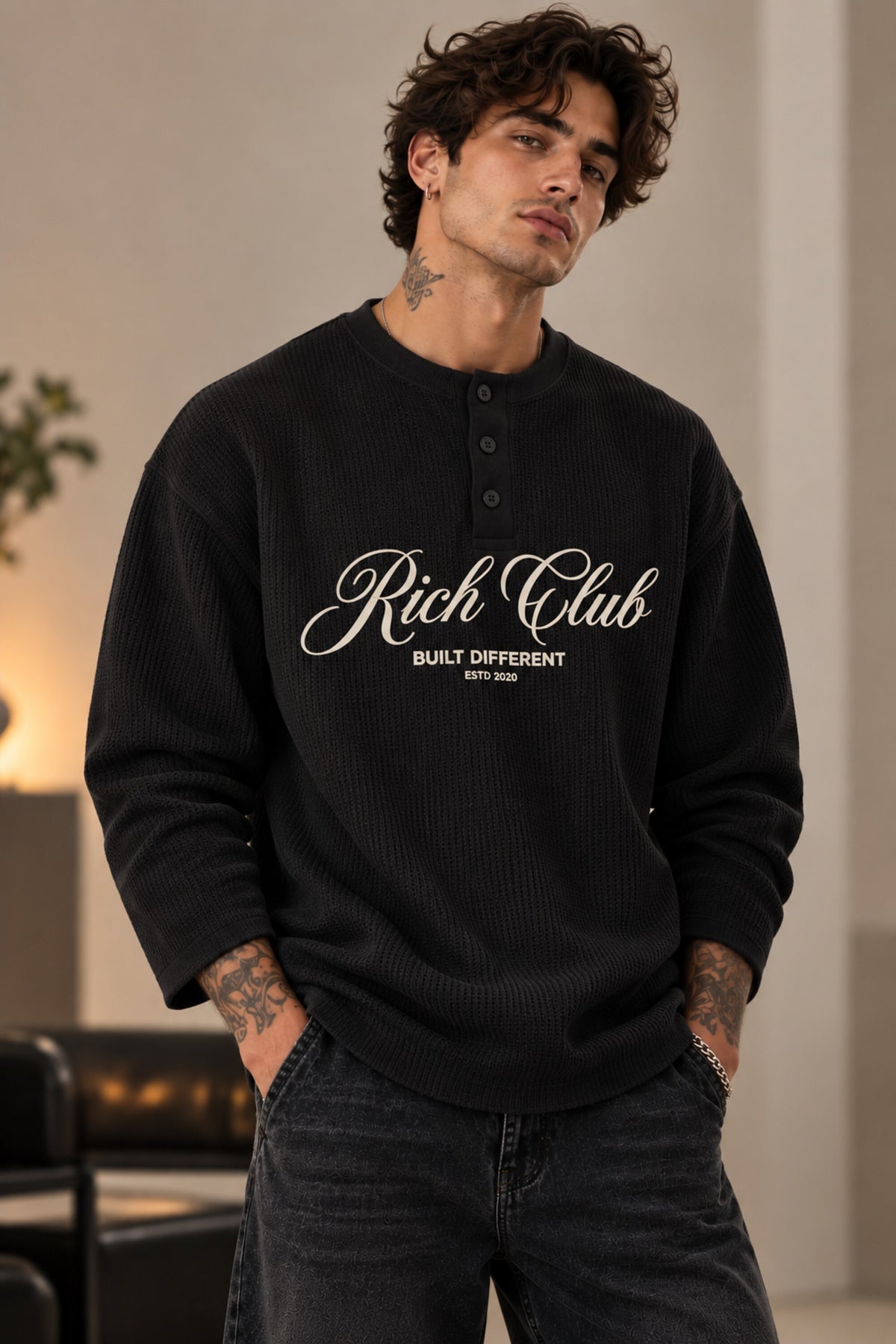 Cream waffle full sleeve boxy tshirt with Rich Club red cursive script print on chest, henley collar, men India - black