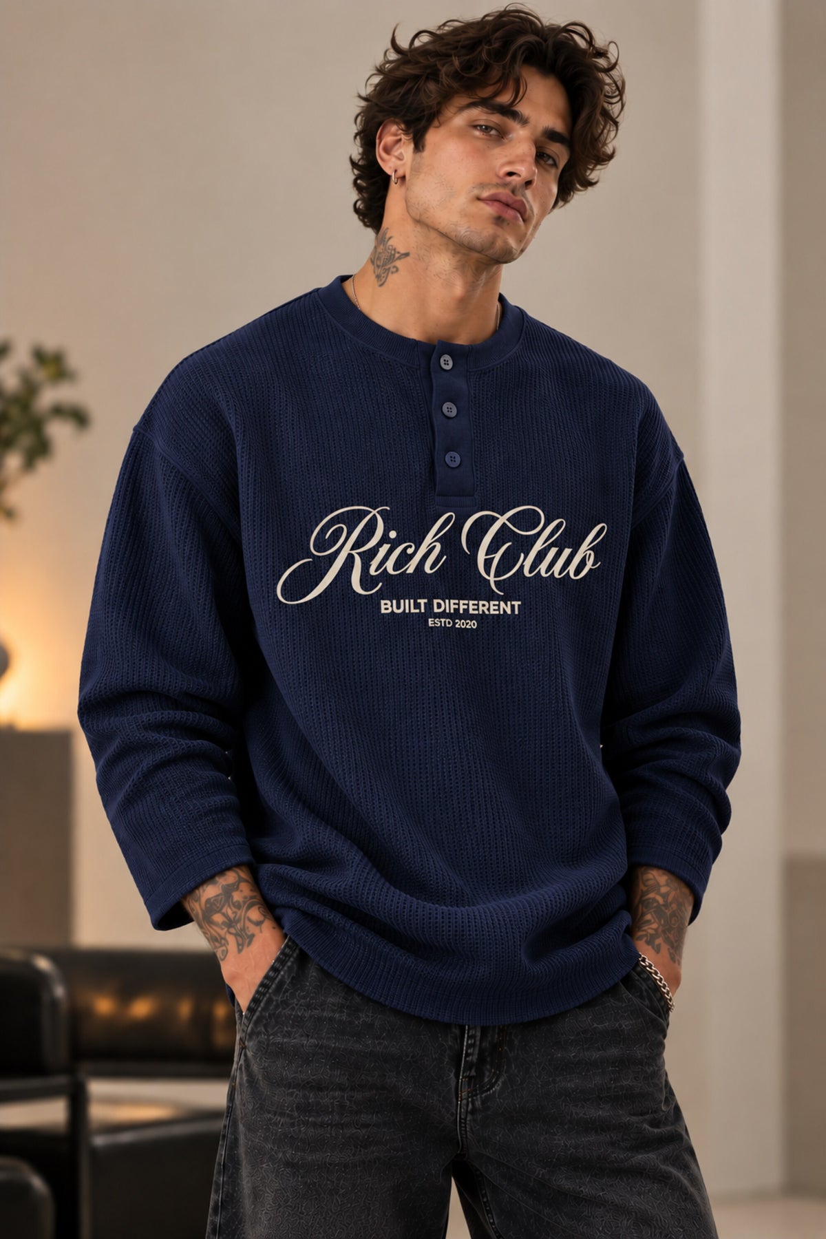 Cream waffle full sleeve boxy tshirt with Rich Club red cursive script print on chest, henley collar, men India - blue