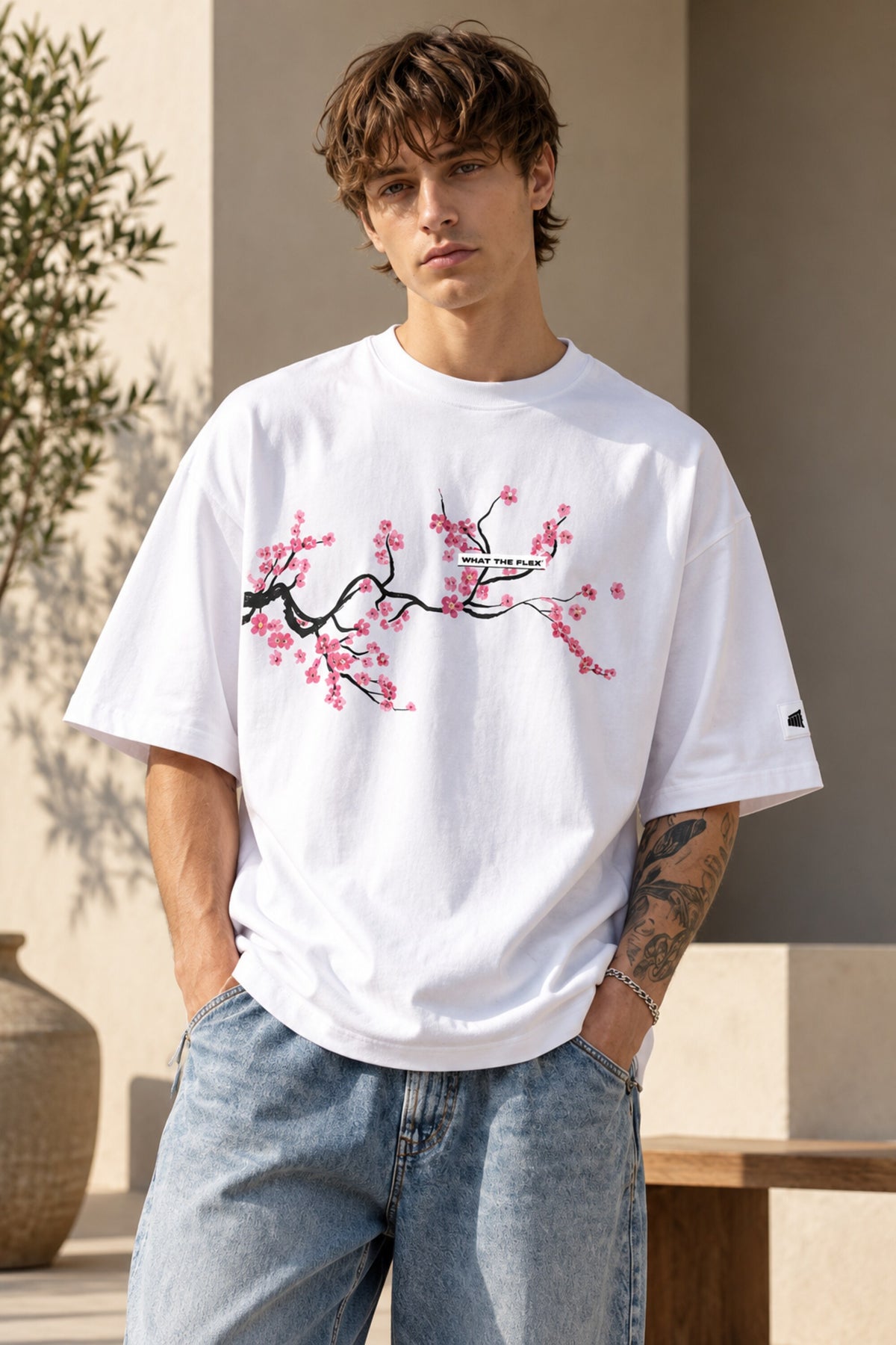 White oversized tshirt with detailed sakura cherry blossom branch in pink and red across chest, drop shoulder boxy fit, men India