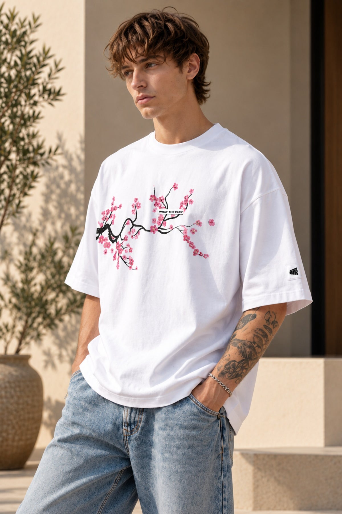 White oversized tshirt with detailed sakura cherry blossom branch in pink and red across chest, drop shoulder boxy fit, men India