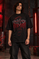 Black oversized tshirt with RKO white logo and Everybody dark red gothic text and snake on front, drop shoulder boxy fit, men India
