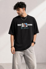 Black oversized t-shirt with Rohit Sharma the hitman photo print ROHIT SHARMA text and teal cursive 220 GSM 100% cotton DTF