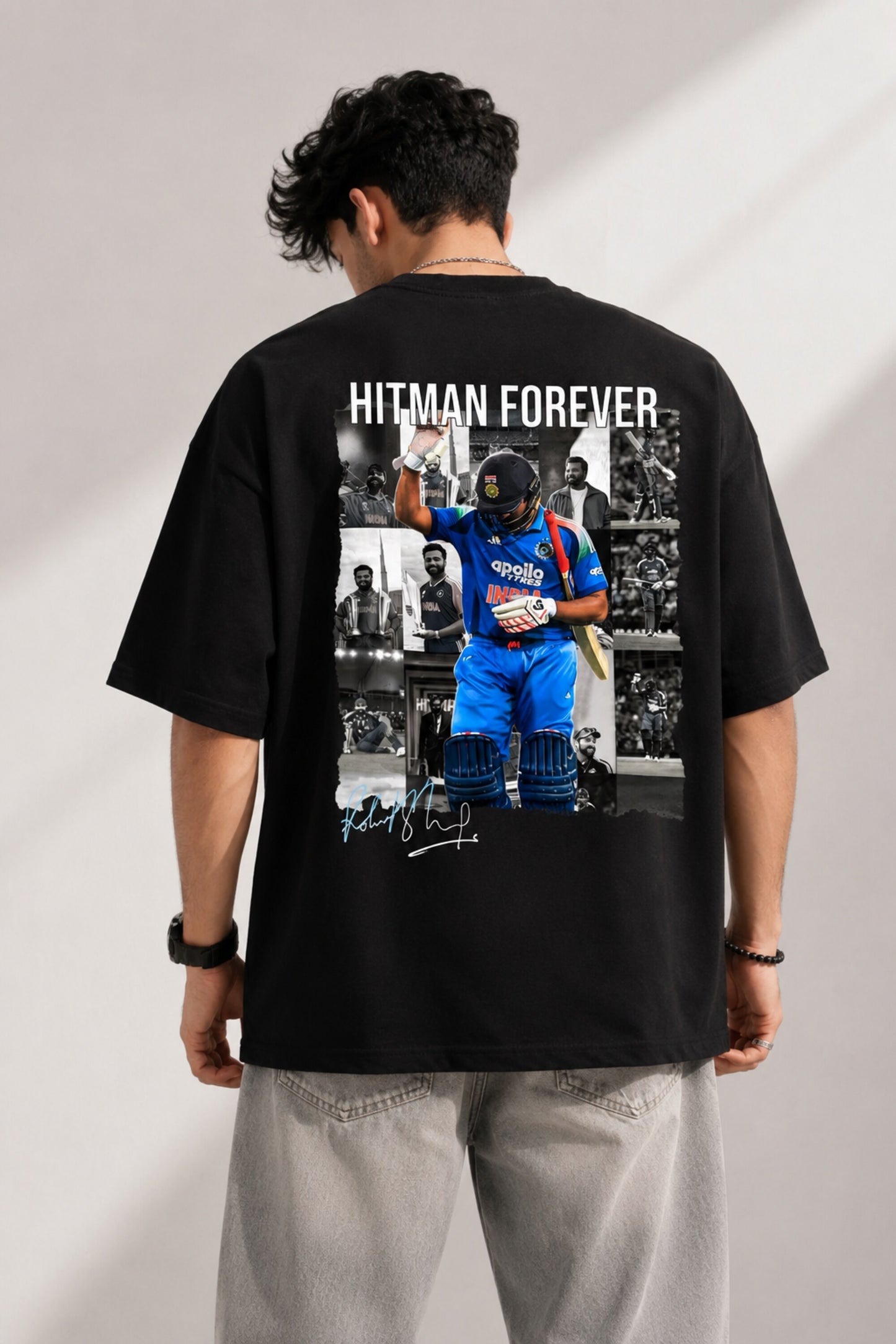 Black oversized t-shirt with Rohit Sharma the hitman photo print ROHIT SHARMA text and teal cursive 220 GSM 100% cotton DTF