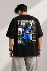 Black oversized t-shirt with Rohit Sharma the hitman photo print ROHIT SHARMA text and teal cursive 220 GSM 100% cotton DTF