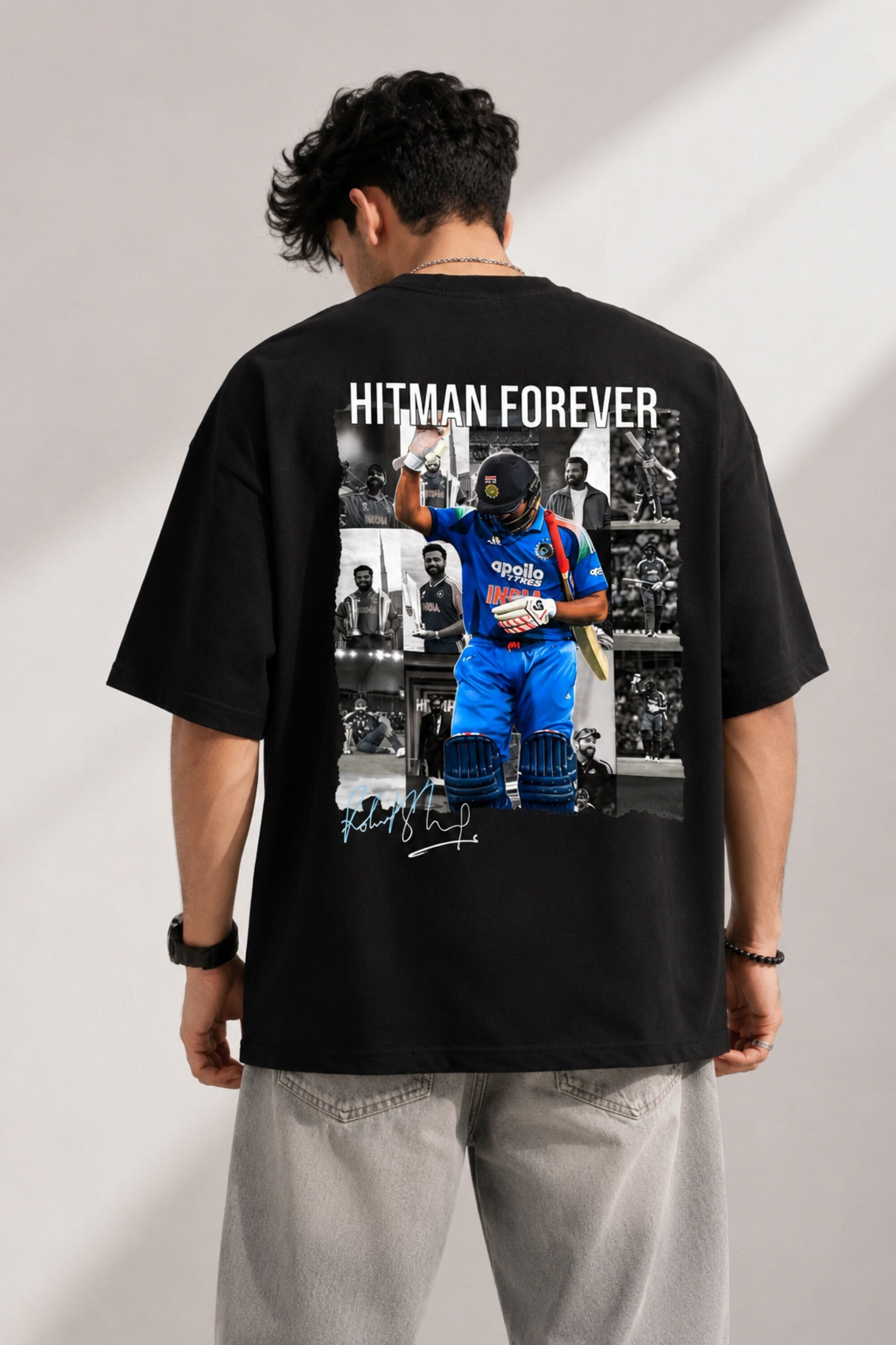 Black oversized t-shirt with Rohit Sharma the hitman photo print ROHIT SHARMA text and teal cursive 220 GSM 100% cotton DTF