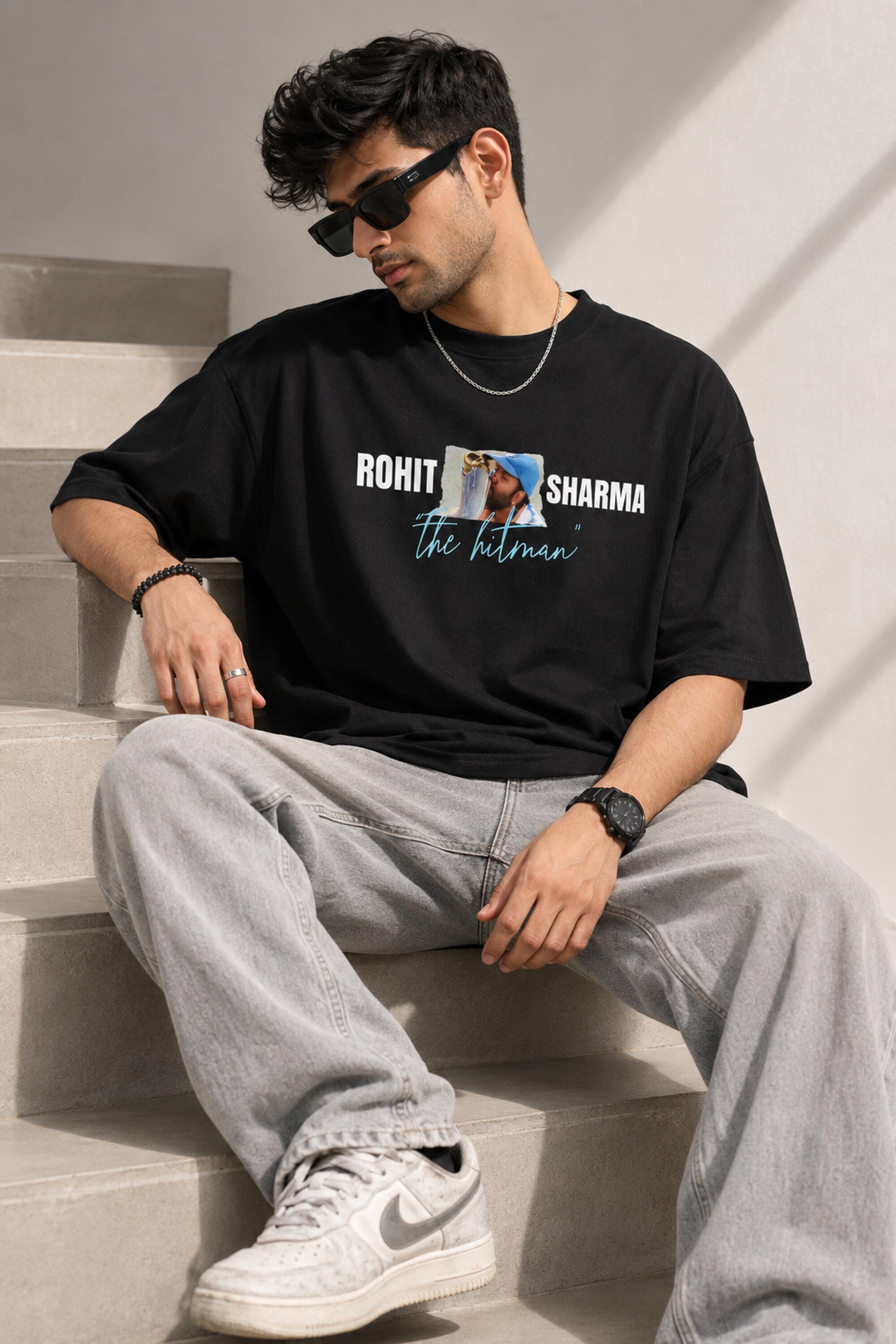 Black oversized t-shirt with Rohit Sharma the hitman photo print ROHIT SHARMA text and teal cursive 220 GSM 100% cotton DTF