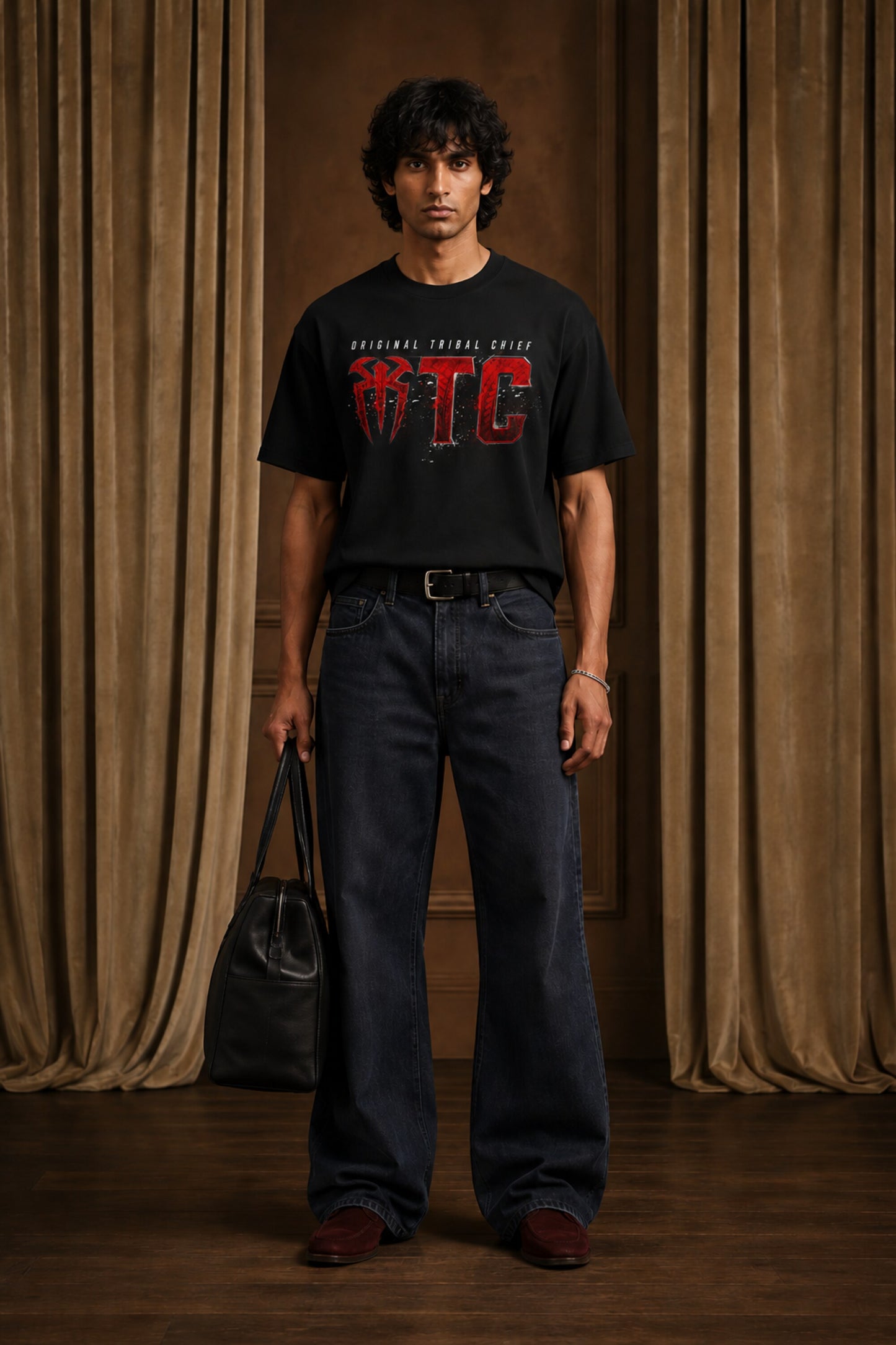 Roman Reigns Original Tribal Chief OTC black oversized t-shirt with red WWE graphic