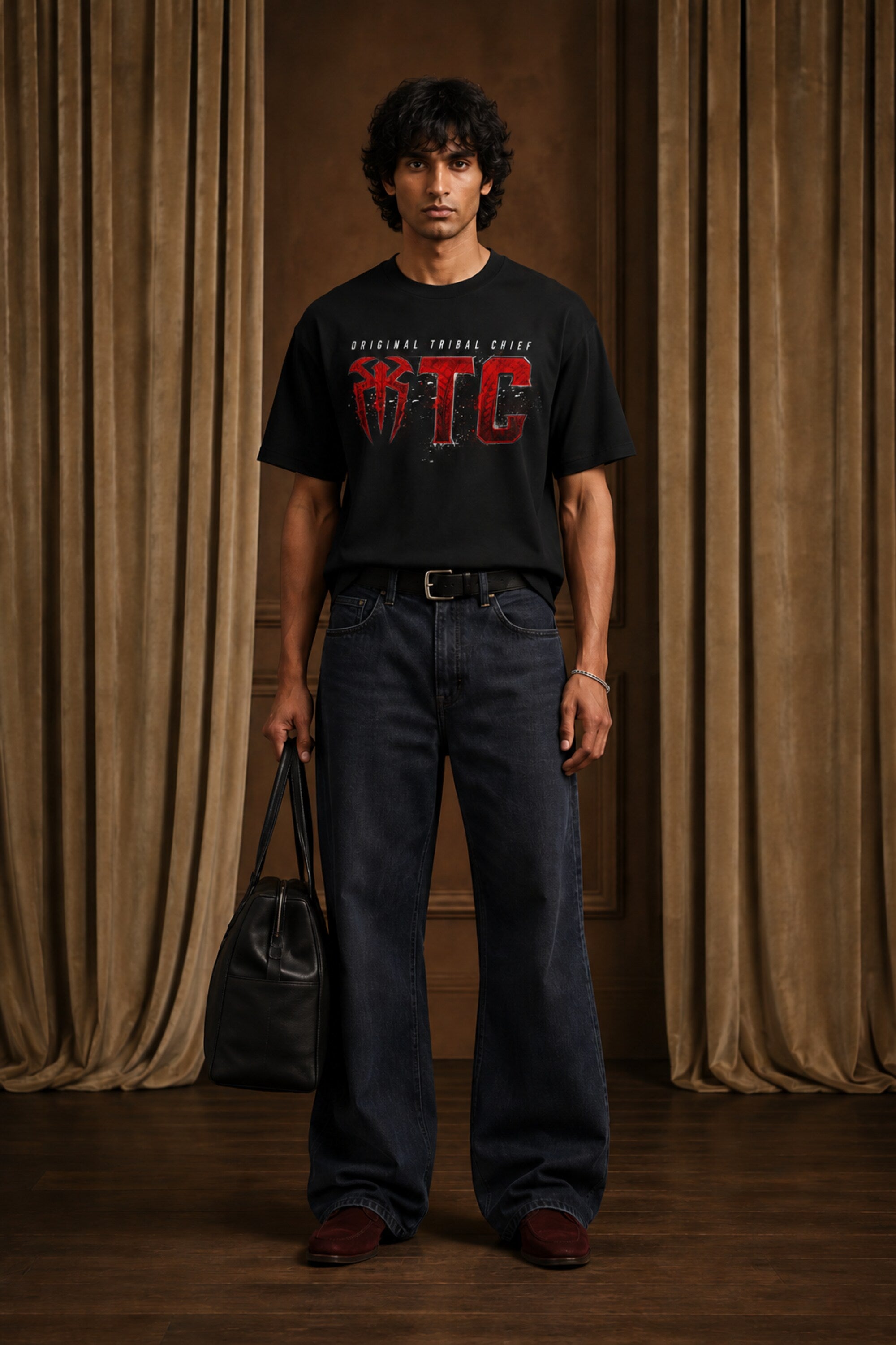 Roman Reigns Original Tribal Chief OTC black oversized t-shirt with red WWE graphic
