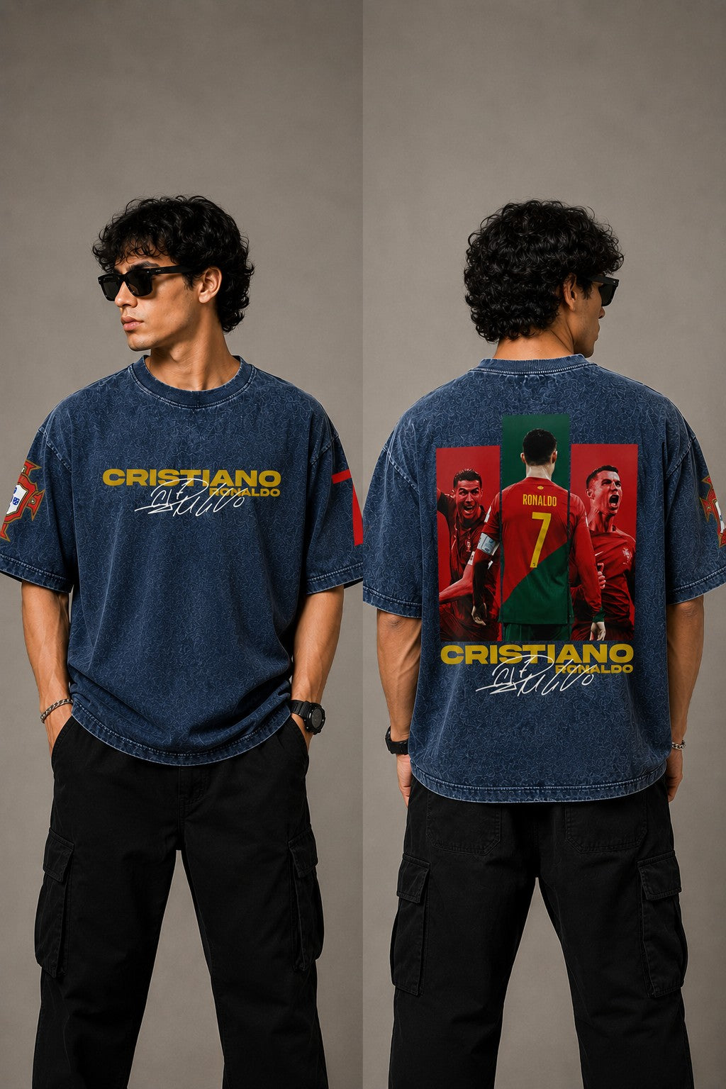 Model wearing a vintage wash dark blue oversized t-shirt with a graphic of Cristiano Ronaldo on the back and "CRISTIANO RONALDO" text on the front.