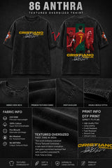 Model wearing a vintage wash dark blue oversized t-shirt with a graphic of Cristiano Ronaldo on the back and "CRISTIANO RONALDO" text on the front.