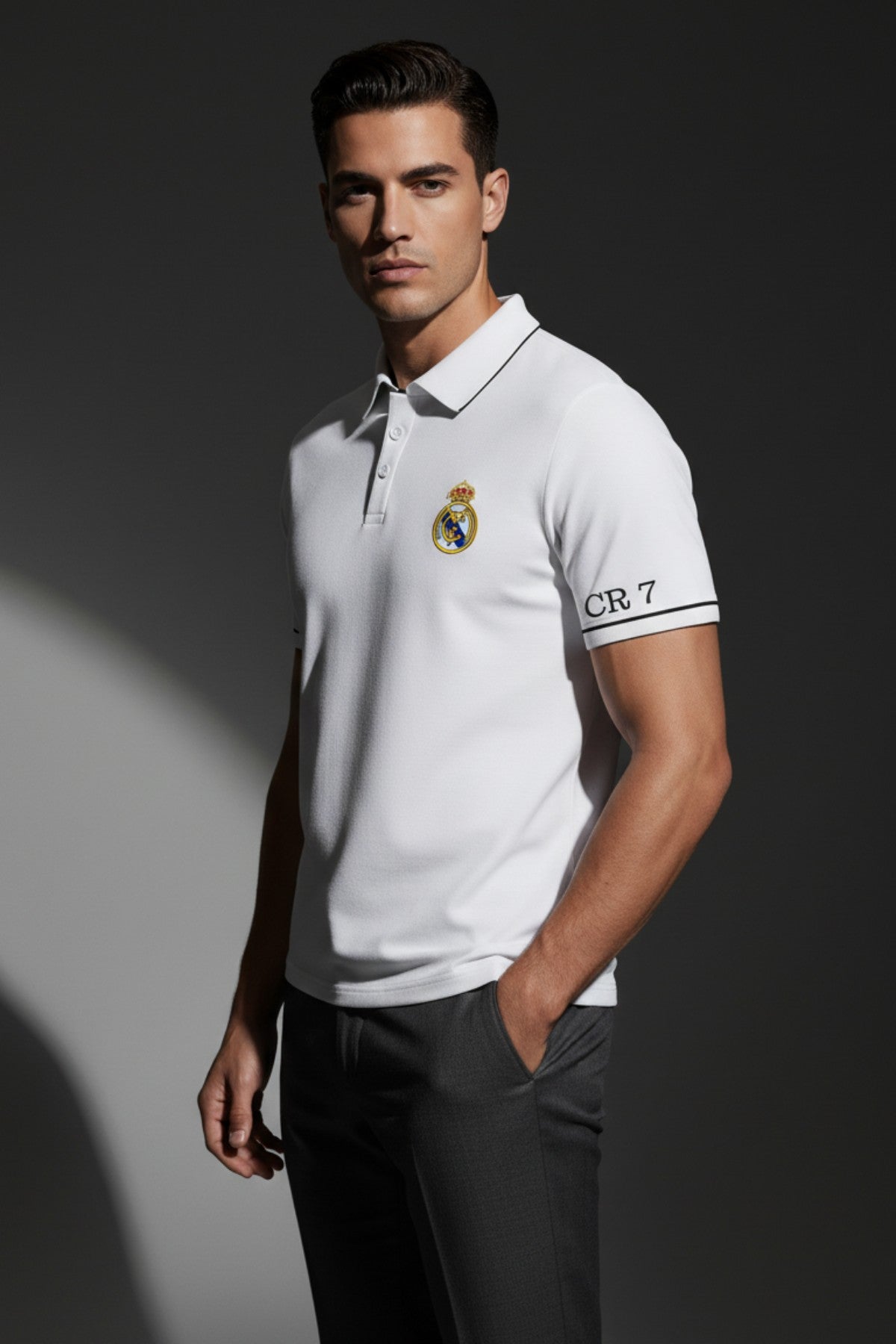 Real Madrid White Polo T-Shirt with CR7 Sleeve Print 1
