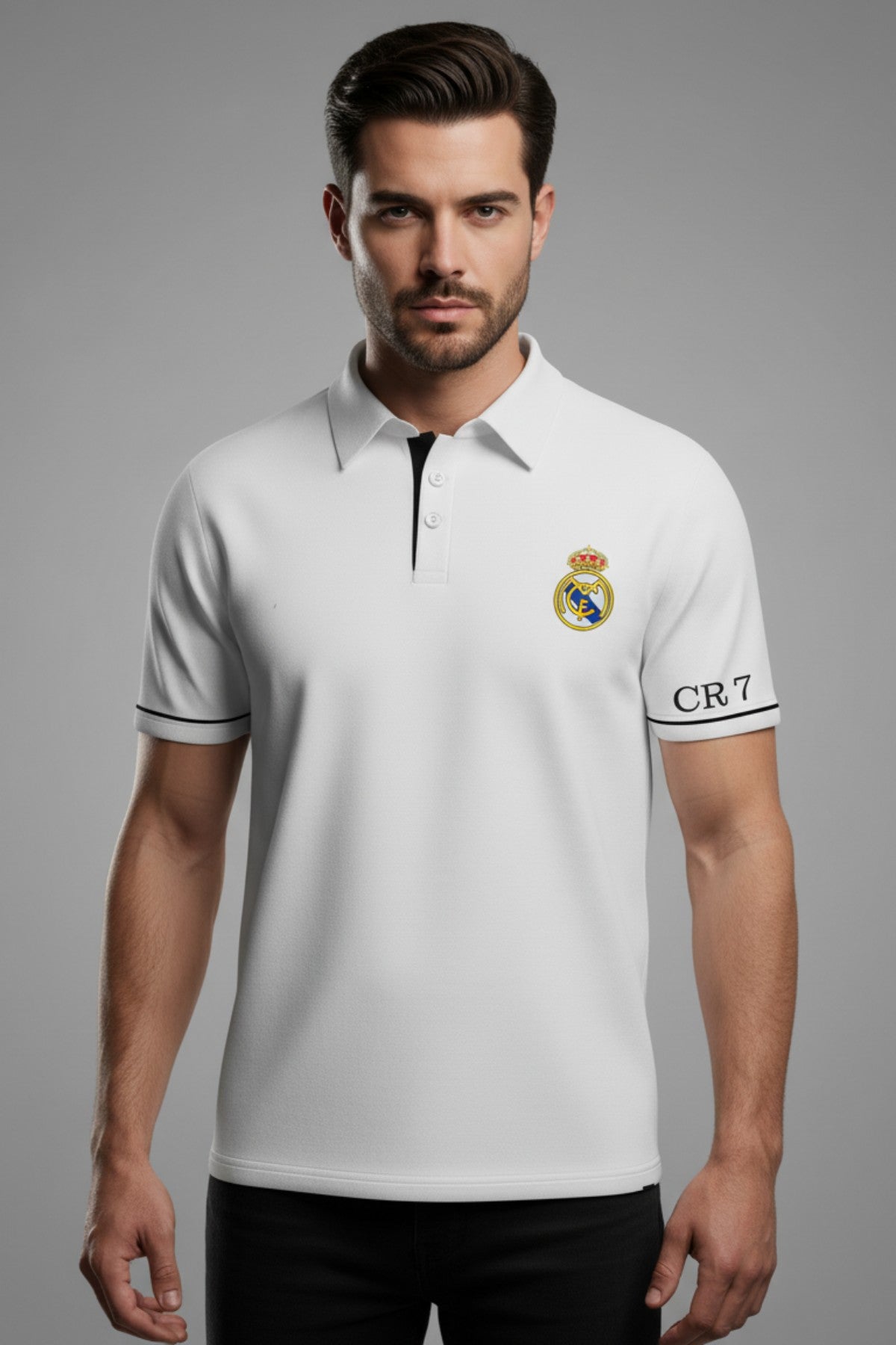 Real Madrid White Polo T-Shirt with CR7 Sleeve Print 2