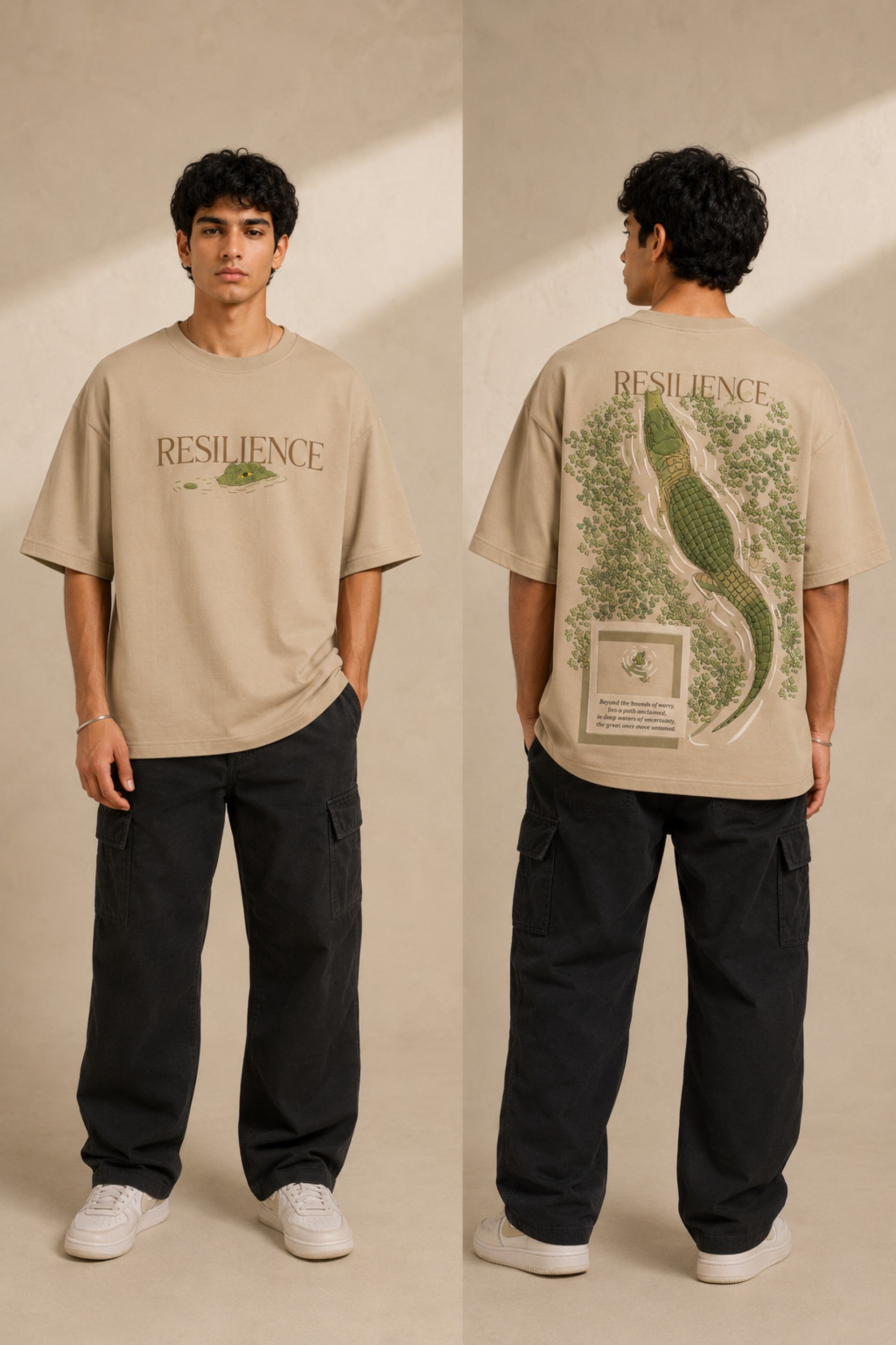 Red oversized t-shirt with "RESILIENCE" embroidered in gold and a green embroidered crocodile graphic. Features a ribbed neckline and premium stitching. - beige