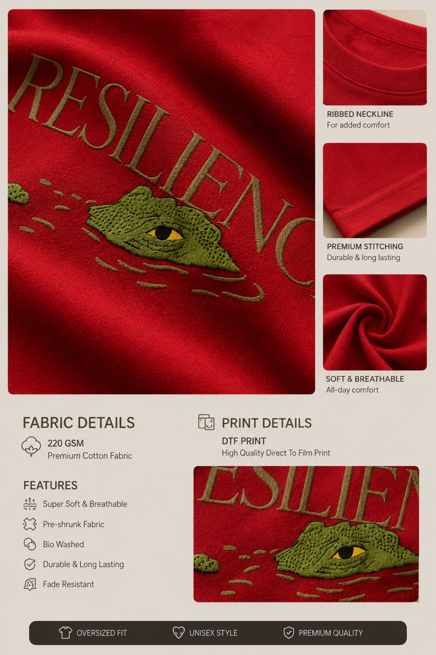 Red oversized t-shirt with "RESILIENCE" embroidered in gold and a green embroidered crocodile graphic. Features a ribbed neckline and premium stitching.
