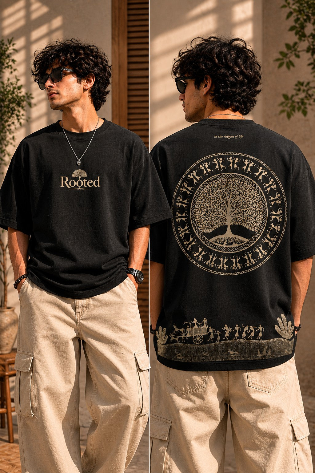 Close-up of a Rooted oversized t-shirt in beige, featuring a dark green circular graphic of a tree of life with tribal figures, and text 'in the rhfym of life'. - black