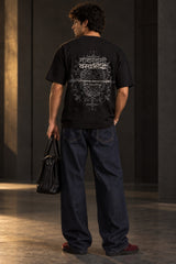 Beige Sankhya Darshan Sanskrit oversized tshirt with Devanagari text and circular mandala HD print on back