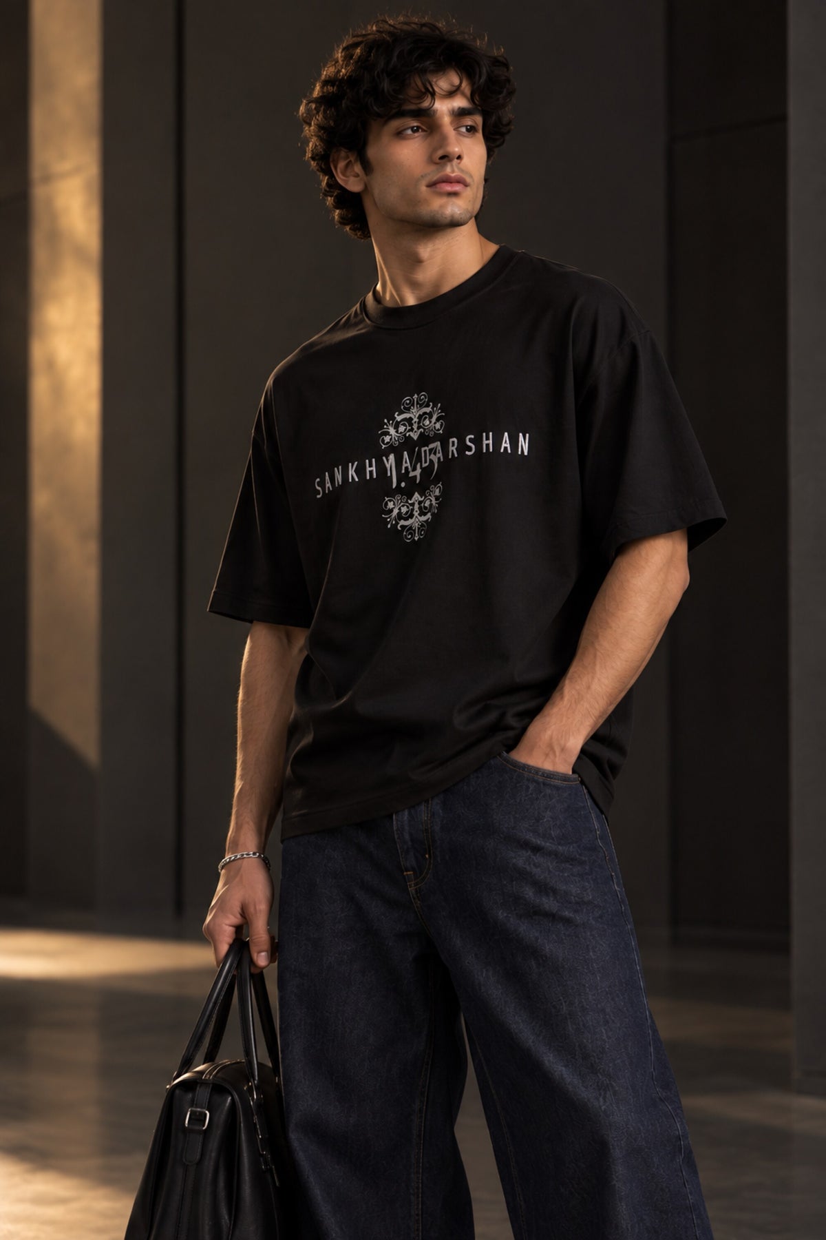 Beige Sankhya Darshan Sanskrit oversized tshirt with Devanagari text and circular mandala HD print on back