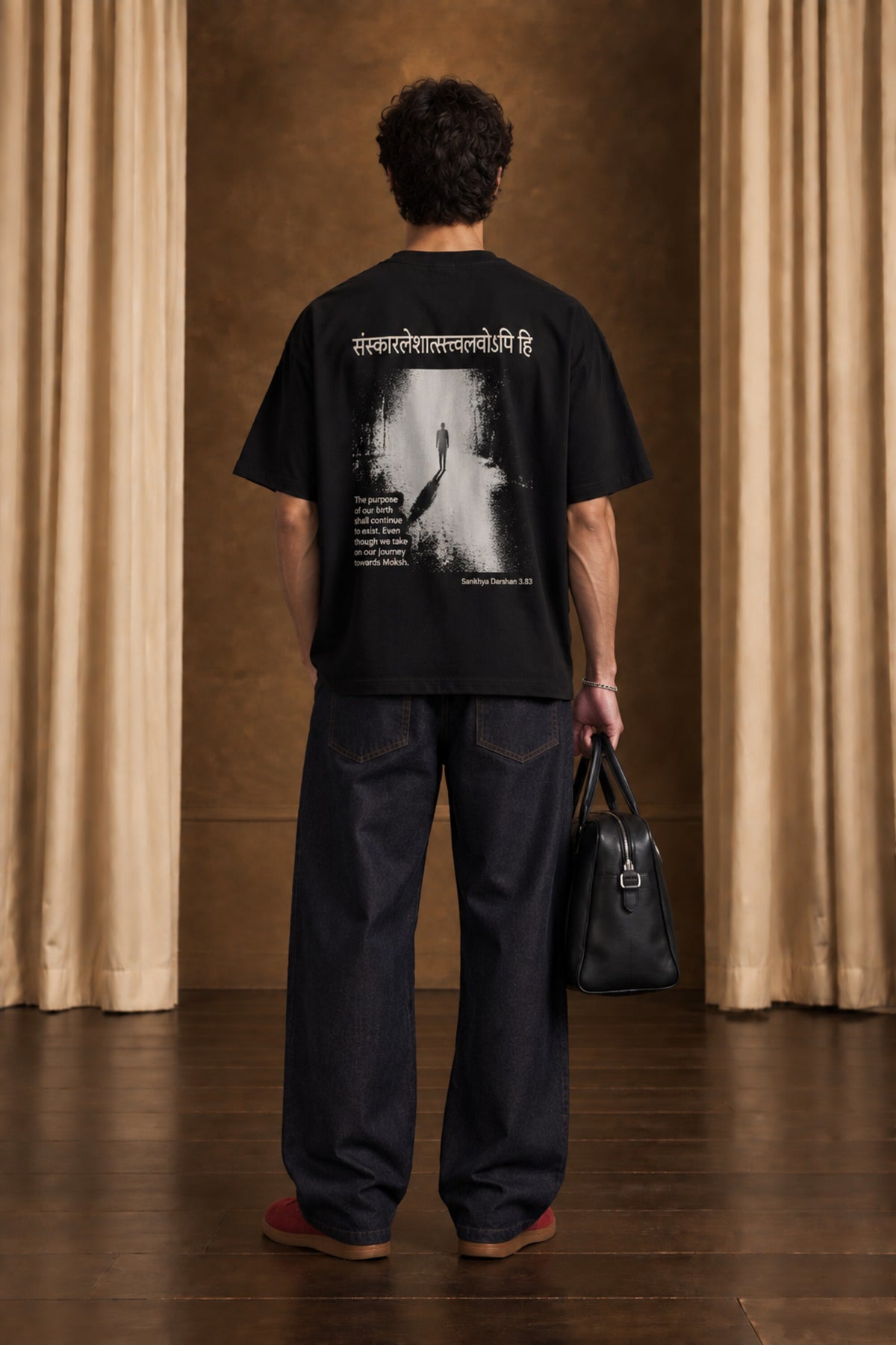 Black Sanskar Bharat Sanskrit oversized tshirt with Sanskrit shloka and artistic Bharat illustration HD print on back - black