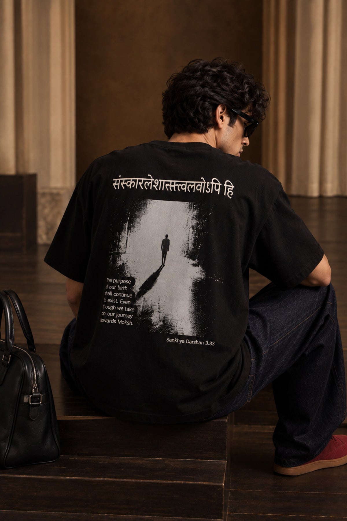 Black Sanskar Bharat Sanskrit oversized tshirt with Sanskrit shloka and artistic Bharat illustration HD print on back