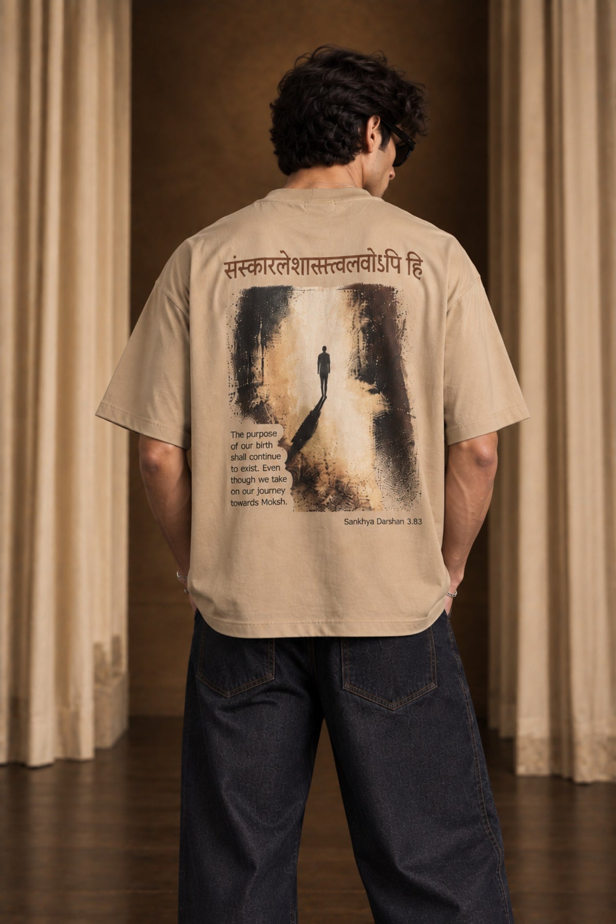 Black Sanskar Bharat Sanskrit oversized tshirt with Sanskrit shloka and artistic Bharat illustration HD print on back - beige