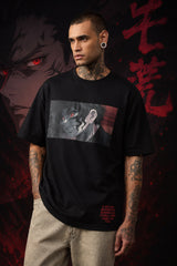 Black oversized tshirt with Sukuna face print and If God Has No Problem Sending You To Hell Then I Shall Go Too quote from JJK