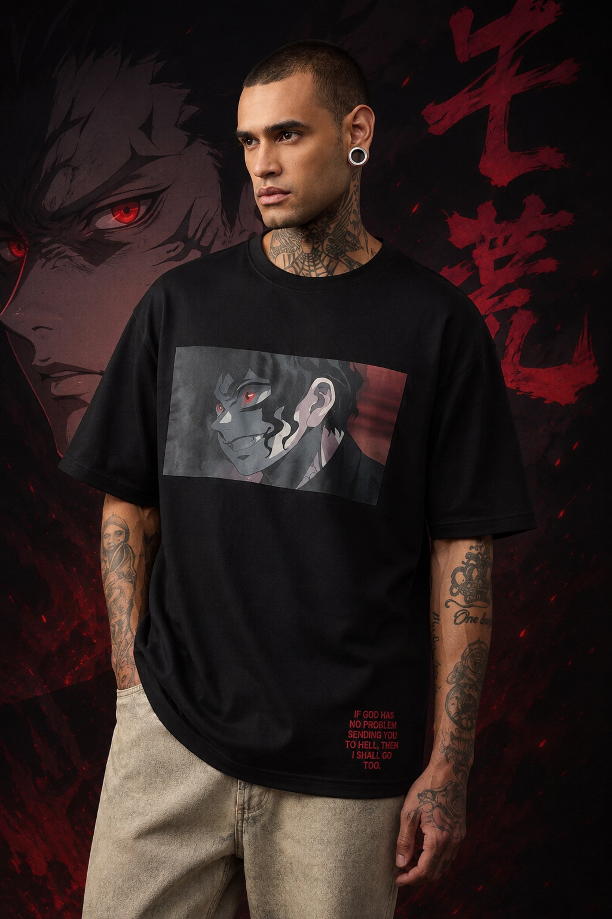 Black oversized tshirt with Sukuna face print and If God Has No Problem Sending You To Hell Then I Shall Go Too quote from JJK