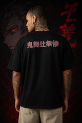 Black oversized tshirt with Sukuna face print and If God Has No Problem Sending You To Hell Then I Shall Go Too quote from JJK