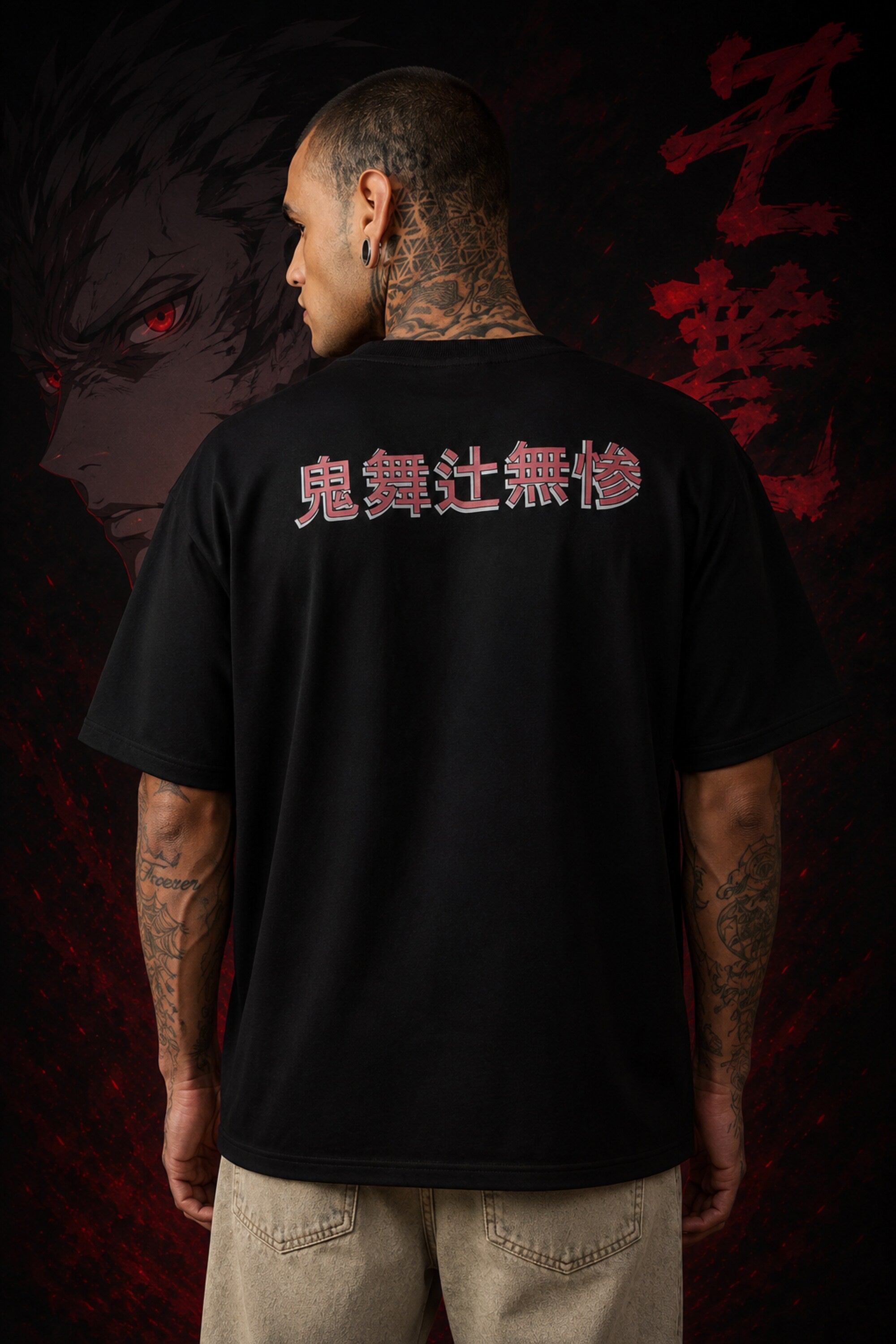 Black oversized tshirt with Sukuna face print and If God Has No Problem Sending You To Hell Then I Shall Go Too quote from JJK