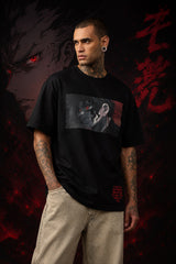 Black oversized tshirt with Sukuna face print and If God Has No Problem Sending You To Hell Then I Shall Go Too quote from JJK