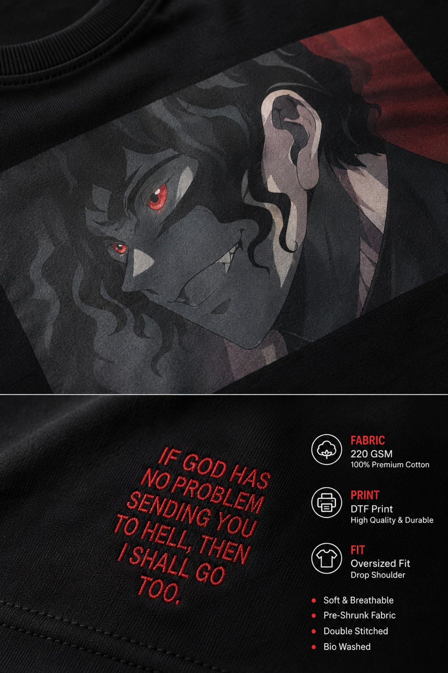Black oversized tshirt with Sukuna face print and If God Has No Problem Sending You To Hell Then I Shall Go Too quote from JJK