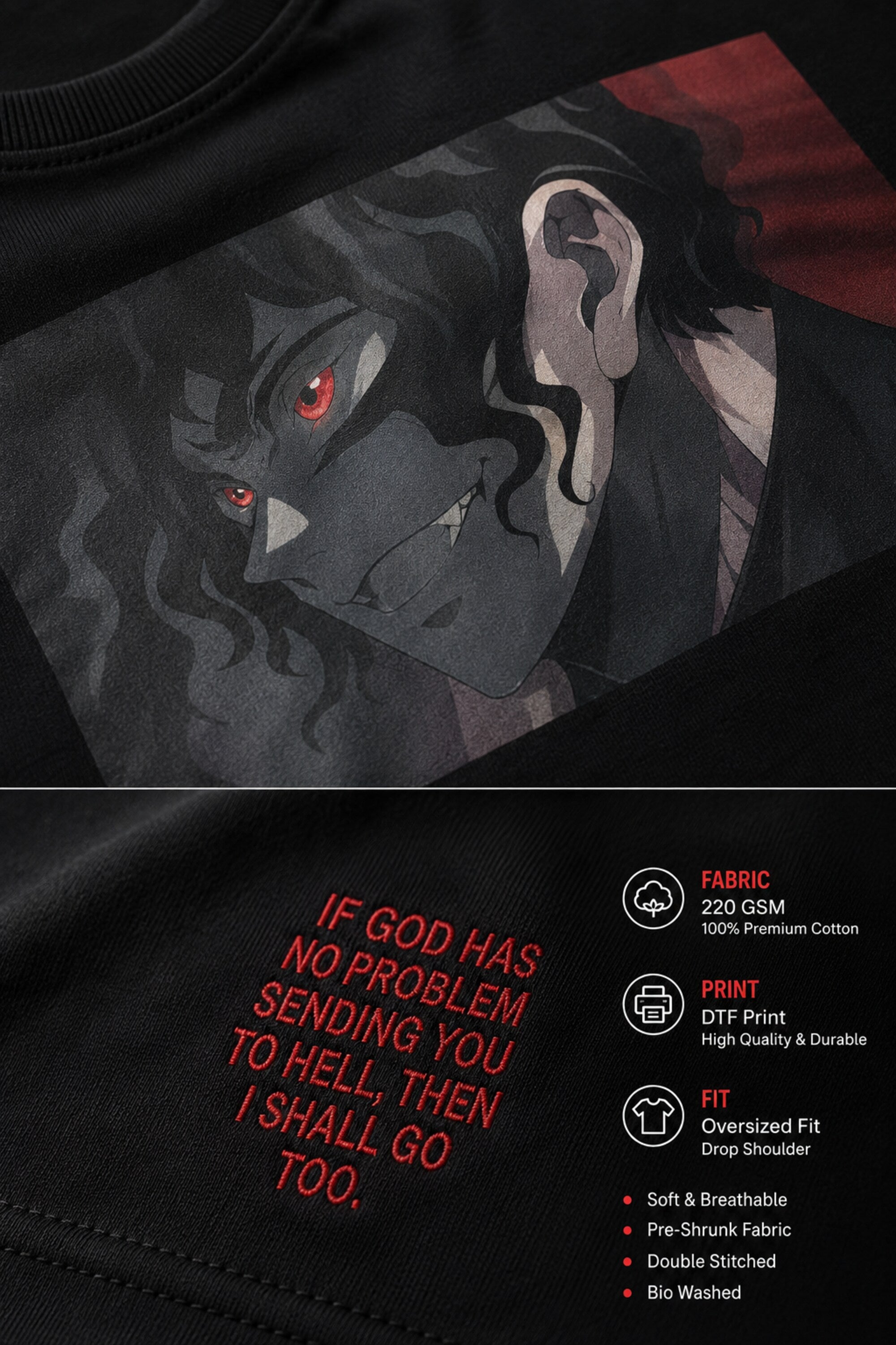 Black oversized tshirt with Sukuna face print and If God Has No Problem Sending You To Hell Then I Shall Go Too quote from JJK
