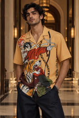 Yellow Hawaiian shirt with hunter archer and roaring tiger ukiyo-e art print, Cuban collar, men India