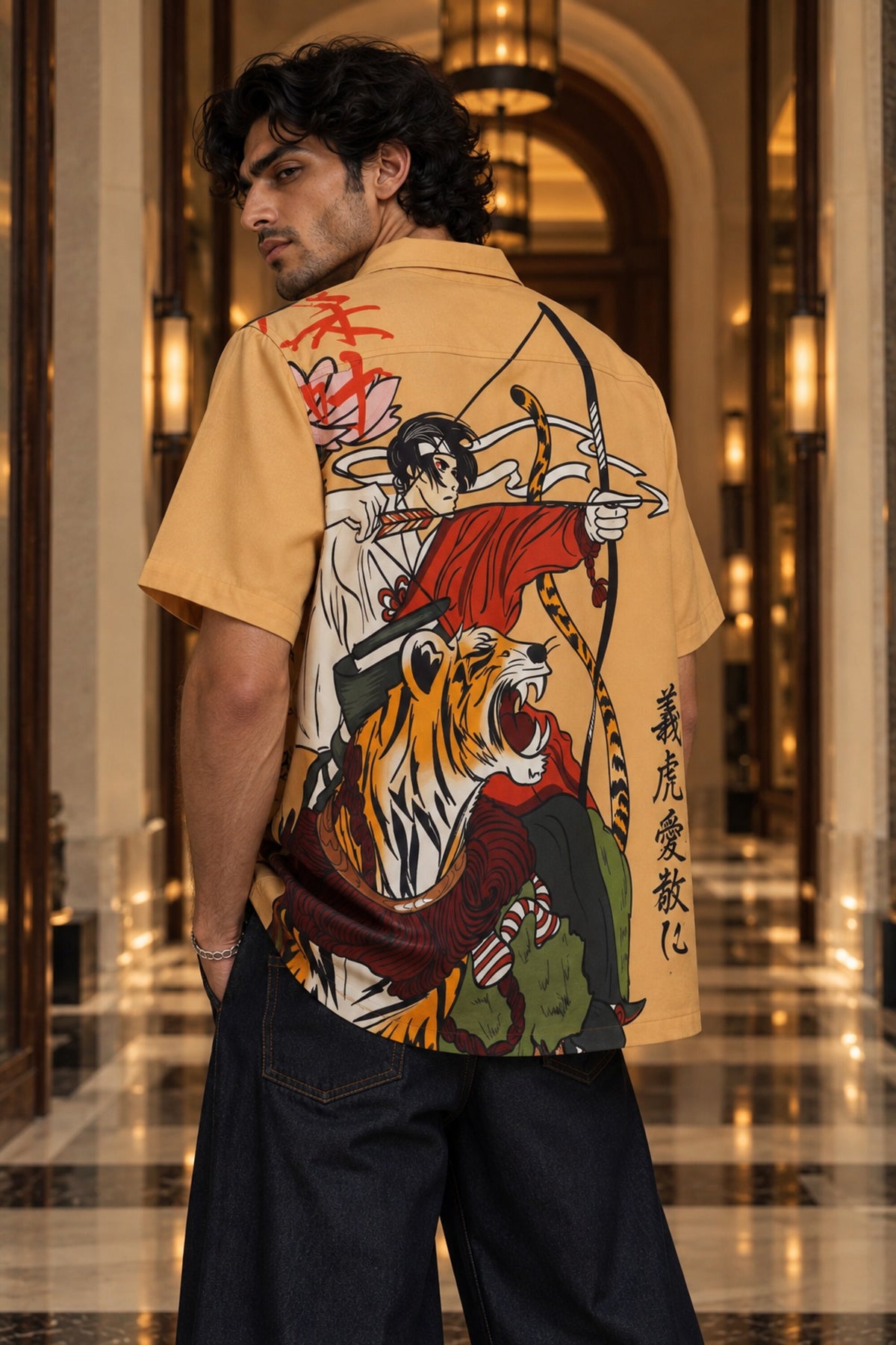 Yellow Hawaiian shirt with hunter archer and roaring tiger ukiyo-e art print, Cuban collar, men India