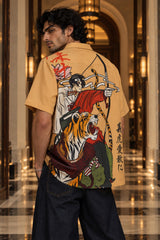 Yellow Hawaiian shirt with hunter archer and roaring tiger ukiyo-e art print, Cuban collar, men India