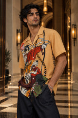 Yellow Hawaiian shirt with hunter archer and roaring tiger ukiyo-e art print, Cuban collar, men India