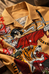 Yellow Hawaiian shirt with hunter archer and roaring tiger ukiyo-e art print, Cuban collar, men India