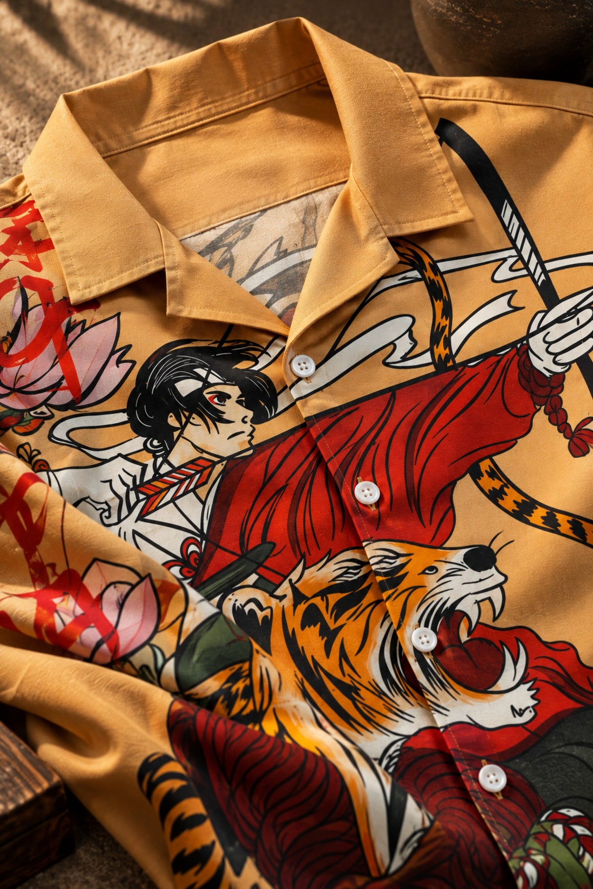 Yellow Hawaiian shirt with hunter archer and roaring tiger ukiyo-e art print, Cuban collar, men India