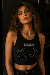 Black ribbed crop tank top with SINNER text and fire graphic DTF print dark alt aesthetic edgy women fitted sleeveless shirt - black